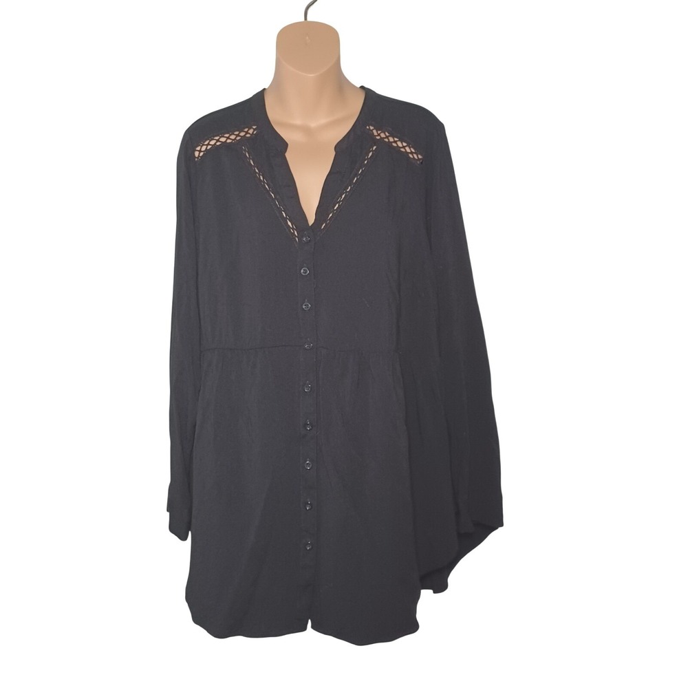 Torrid Shirt 1 Womens 1X  Black Emma Babydoll Flowy Gathered Lace Cutout Popover